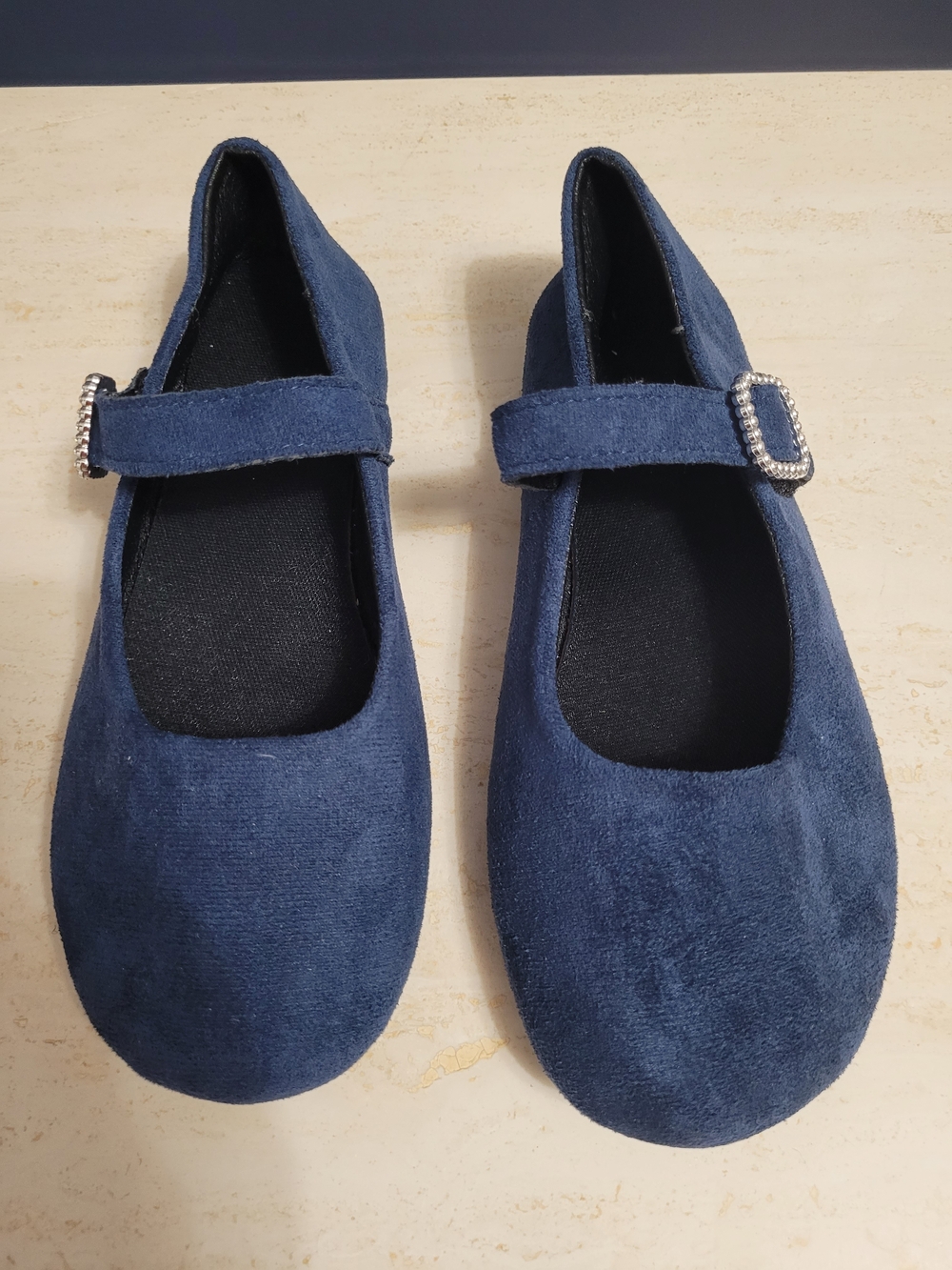 047 Chic Navy Faux-Suede Mary Jane Flats - Rhinestone Buckles, EU 37 / US 6.5-7 - Picture 2 of 12